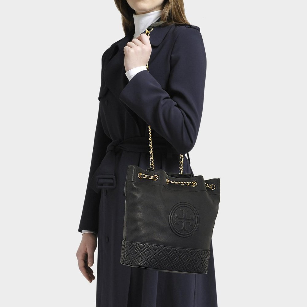 Tory Burch Fleming Quilted Convertible Bucket Bag in Black Lambskin